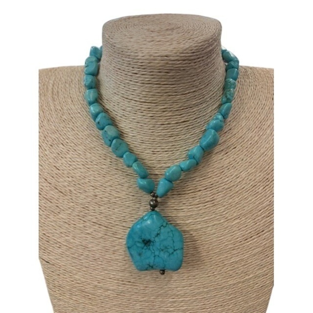 Chunky Turquoise Nugget‎ Beaded Necklace with Large Freeform Pendant Statement